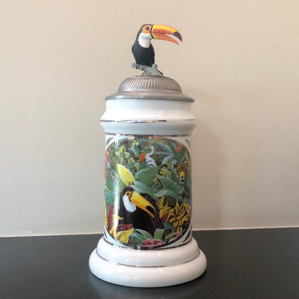 Collectors Beer Stein w/ Toucan Lid Rainforest Animals Jungle Wildlife Signed